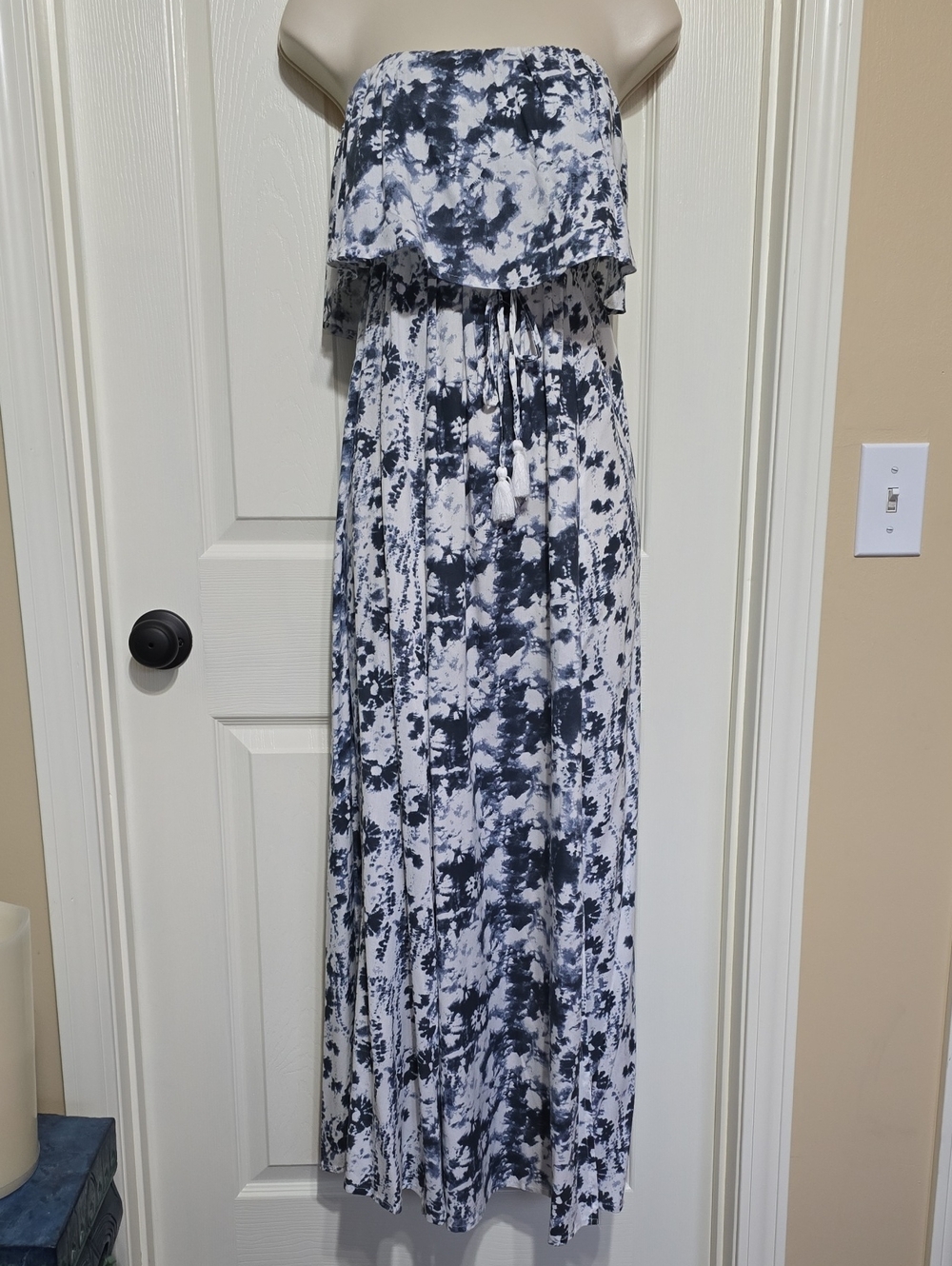 Japna Strapless Tie-Waist Maxi Dress - Blue & White Tie-Dye